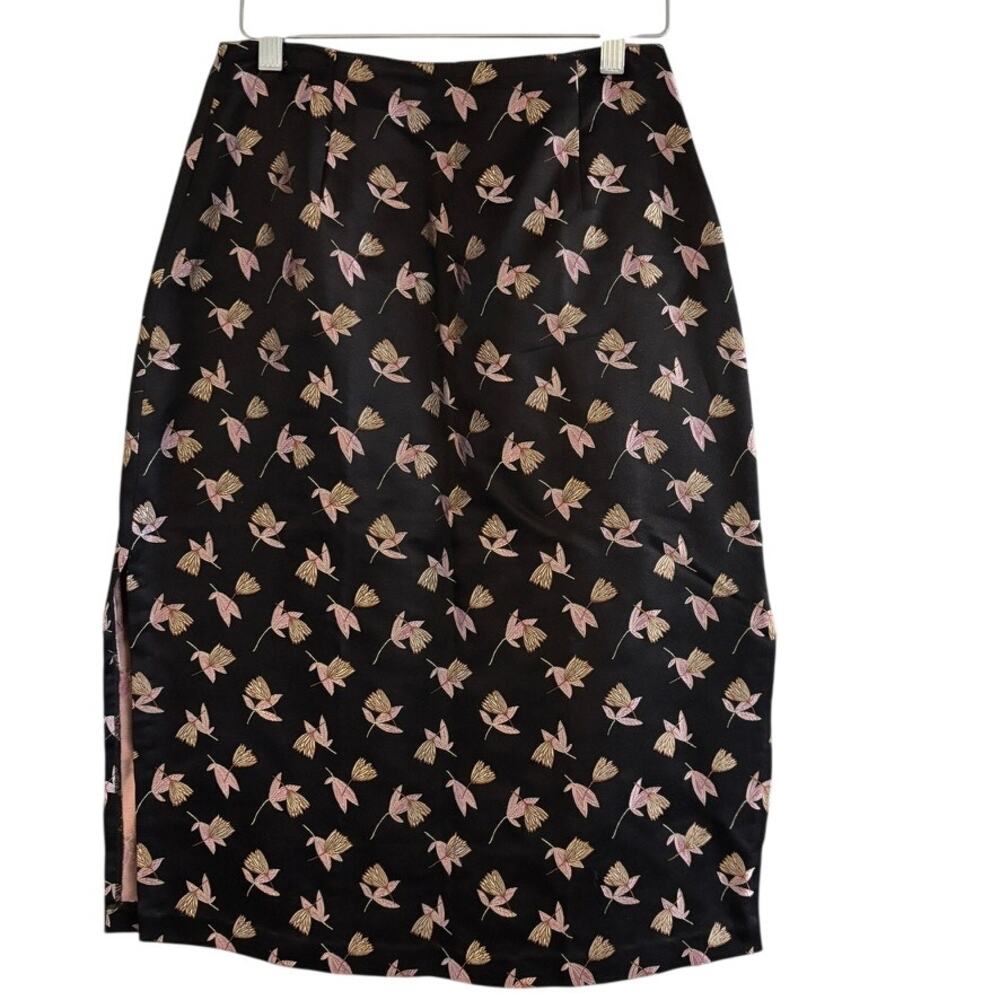 Silk Box Black Pink Floral Skirt Size 6 Silk Blend Side Slit Midi